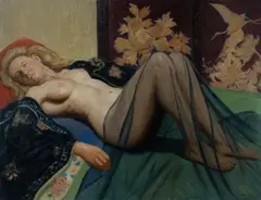 Henry Hanke, Reclining Nude in Chinese Brocade Jacket, 1985, Oil on Canvas