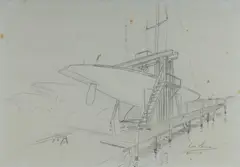 Australia II on Slips at Newport by Ben Lexcen, 1987, Pencil, sold Aug 2023