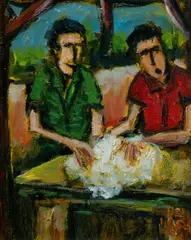 Wool Classers by Pro Hart, Oil on Board, sold Aug 2023