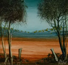 Outback Landscape by Pro Hart, Oil on Board, sold Aug 2023