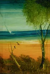 Beach Scene by Pro Hart, Oil on Board, sold Aug 2023
