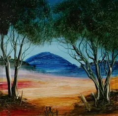 Landscape with Distant Hills by Pro Hart, Oil on Board, sold Aug 2023
