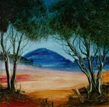 Pro Hart, Landscape with Distant Hills, Oil on Board