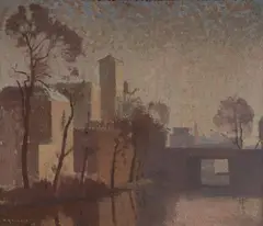 Douglas Robert Dundas, Bridge and Town, Europe, Oil on Canvas on Board