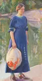 Pekka Halonen, Woman in Blue, oil on cardboard, small dent/ fold in the lower right corner, provenance: Lemmikki Kekomäki née Yrjö-Koskinen
