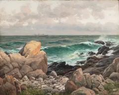 Sea cliffs by Berndt Lindholm, oil, offered Jun 2026