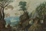 Mattheus Molanus, Forest Landscape with a Bridge and a Horse-Drawn Cart, oil on copper; framed