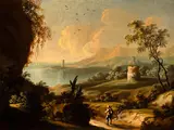 Ignaz Norbert Grasmair, Wide Landscape with Figurative Elements, oil on canvas; framed