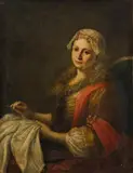 Franz Anton Von Maron, Young Woman doing Needlework, oil on canvas; framed