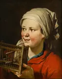 called Il Todeschini Giacomo Francesco Cipper, Girl with a Bird Cage, oil on canvas; framed