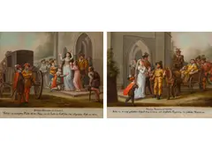 Social Scene (counterparts) by Franz Altmutter, 1816, oil on canvas; framed, sold Jun 2026