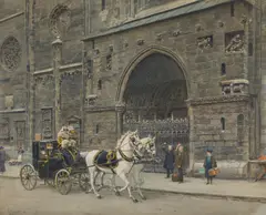 Ernst Graner, Emperor Franz Joseph I. in a Carriage in Front of the Main Entrance to the Stephansdom, Vienna, 1912, watercolour on paper; framed