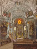 Jindřich Tomec, A View of the Choir of Stiftskirche Dürnstein, 1918, watercolour on paper; framed