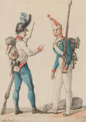 Carle Vernet, Austrian Infantryman and Grenadier in the Russian Imperial Guard, First Empire, watercolour on paper; framed