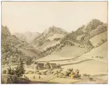 Johann Kniep, Mountain Landscape in Lower Austria, watercolour on paper; framed