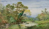 Michel Bouquet, Meadow Landscape, 1864, enamel painting on ceramic; framed