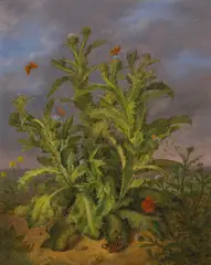 Georg Seitz, Still Life with Thistles, Poppies and Butterflies, oil on canvas; framed