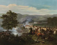 Joseph Heicke, Battle between the Imperial and Royal Dragoons and French infantry during the Napoleonic Wars, 1832, oil on canvas; framed