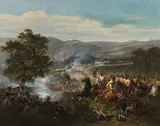 Joseph Heicke, Battle between the Imperial and Royal Dragoons and French infantry during the Napoleonic Wars, 1832, oil on canvas; framed