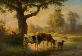 Edmund Mahlknecht, Cattle at the Watering Hole, oil on canvas; framed