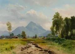 Karl Haunold, Landscape near Salzburg with a View on the Hohen Stauffen, 1903, oil on cardboard; framed
