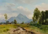Karl Haunold, Landscape near Salzburg with a View on the Hohen Stauffen, 1903, oil on cardboard; framed