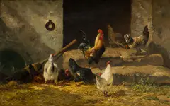 Charles Jacque, Hennery, oil on panel; framed