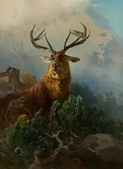 Anton Schrodl, Stag in the Mountains, oil on canvas; framed