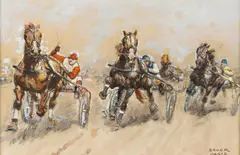 Trotting Race in Paris by Carl Franz Bauer, mixed media on paper; framed, sold Jun 2026
