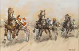 Carl Franz Bauer, Trotting Race in Paris, mixed media on paper; framed