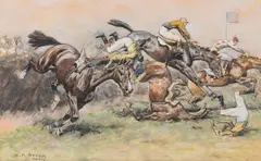 Obstacle Race in France by Carl Franz Bauer, mixed media on paper; framed, sold Jun 2026