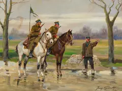 Soldiers on Horseback by Jerzy Kossak, 1935, oil on panel; framed, sold Jun 2026