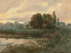 Josef Ullmann, Lake Landscape, oil on cardboard; framed