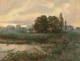 Josef Ullmann, Lake Landscape, oil on cardboard; framed