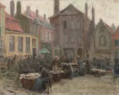 Móric Góth, Fish Market in Bruges, oil on canvas; framed