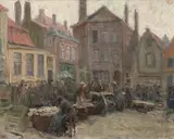 Móric Góth, Fish Market in Bruges, oil on canvas; framed