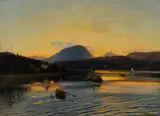 Anton Hlávacek, Sunset on Lake Wörthersee with a View of Velden and the Dobratsch, oil on canvas; framed