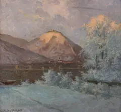 Konstantin Stoitzner, View across the Danube towards Kahlenbergerdorf and Leopoldsberg, oil on cardboard; framed