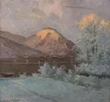Konstantin Stoitzner, View across the Danube towards Kahlenbergerdorf and Leopoldsberg, oil on cardboard; framed