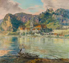 Siegfried Stoitzner, View of Dürnstein on the Danube, oil on canvas; framed
