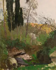 Alfred Zoff, Cypress Trees near Camogli, 1896, oil on canvas on cardboard; framed
