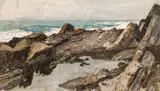 Alfred Zoff, Felsenküste with Brandung bei Nervi, 1887, oil on canvas on cardboard; framed