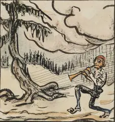 Alfred Kubin, Schalmeispieler in Landschaft, India ink, watercolour on Kataster paper; framed