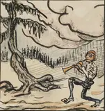 Alfred Kubin, Schalmeispieler in Landschaft, India ink, watercolour on Kataster paper; framed