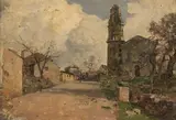 Carl Moll, Dorf Smarades auf Corfu, 1888, oil on panel; framed