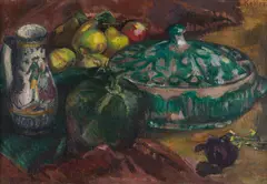 Broncia Koller-Pinell, Still life of fruit and vegetables with a jug and a lidded bowl, oil on canvas; framed