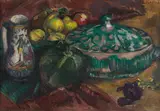 Broncia Koller-Pinell, Still life of fruit and vegetables with a jug and a lidded bowl, oil on canvas; framed