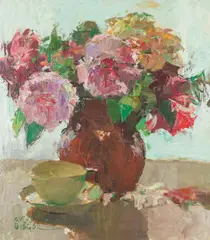 August Rieger, Flowers in a vase, oil on cardboard; framed