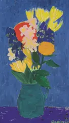 Gerhild Diesner, Still life with flowers on blue, 1965, oil on canvas; framed