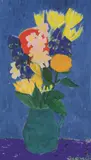 Gerhild Diesner, Still life with flowers on blue, 1965, oil on canvas; framed
